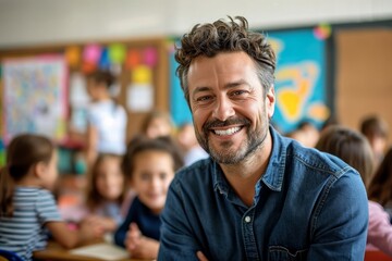 Obraz premium Portrait of smiling male teacher in a class at elementary school looking at camera with learning students on background, Generative AI
