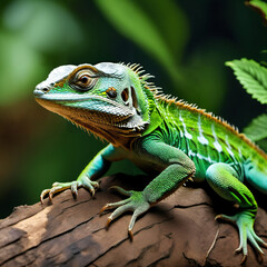Obraz premium Green iguana perched on a tree branch in its natural habitat, showcasing its vibrant scales and captivating gaze in a tropical setting