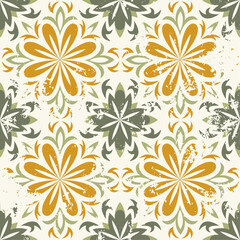 Fototapeta na wymiar Ceramic tiles in a classic design feature intricate floral and leaf motifs, highlighting. Shades of green and yellow colors. Mexican floral mosaic. Mediterranean.