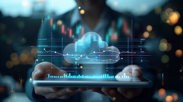 Digital technology network concept. Icon digital cloud over hand in neon lights. Digital rain of data comes from digital cloud. Internet Datum storage synchronization. upload or download information.