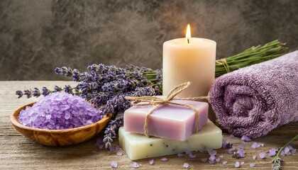 Fototapeta na wymiar spa products soaps salts and lit candle with lavender flowers