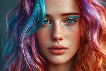 Close-up portrait of beautiful young Caucasian woman with long wavy hair dyed in different neon colors. Charming female model with perfect makeup and multi-color hairstyle. Diversity in fashion.