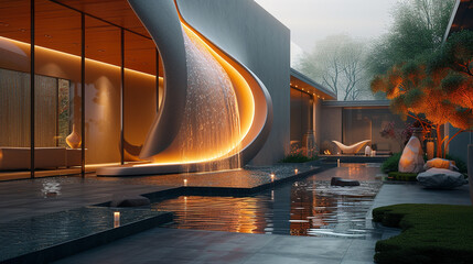 An avant-garde exterior featuring abstract sculptures and water elements that complement the modern...