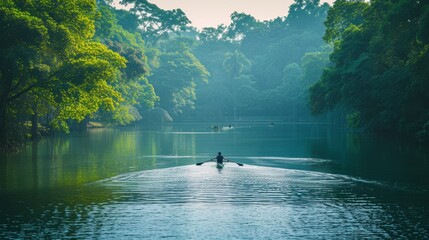 A serene rowing lake surrounded by lush greenery, a haven for rowers. - obrazy, fototapety, plakaty