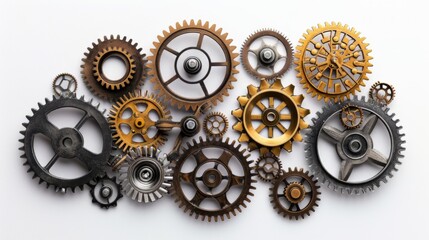 Group of Different Types of Gears on a White Surface - obrazy, fototapety, plakaty