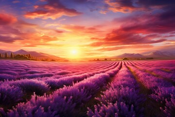 A Painting of a Lavender Field at Sunset