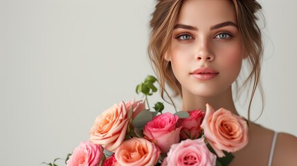 A stunning woman, radiant in elegance, holding a bouquet of vibrant roses against a simple backdrop