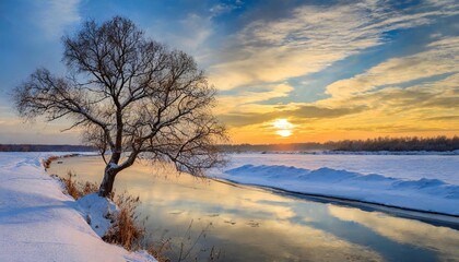 lonely tree on the bank of a winter river with snow covered banks and an evening sky with a beautiful sunset