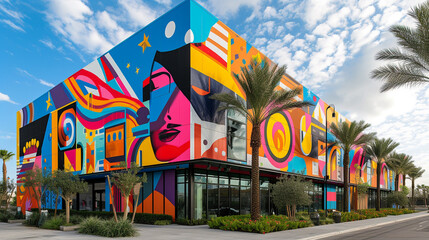 An exterior with a bold color statement and graphic murals, creating a vibrant facade that hints at the eclectic modern art decor inside. - obrazy, fototapety, plakaty