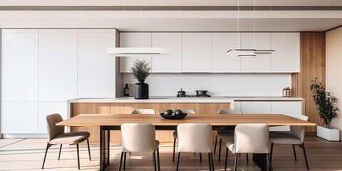 Contemporary apartment with white walls featuring kitchen dining area with wooden table and chairs.