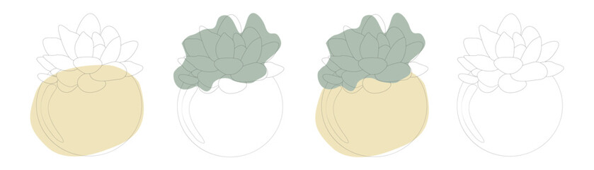 Set of minimalist botanical Line art composition with abstract shapes. Hand Drawn Linear Succulents collection isolated on White. Plant Template for Poster, Wall Art, Card. Doodle Style illustration.