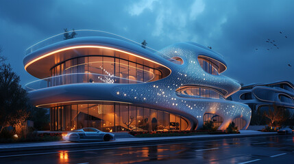 A futuristic exterior with smart glass technology and interactive light installations, creating a...