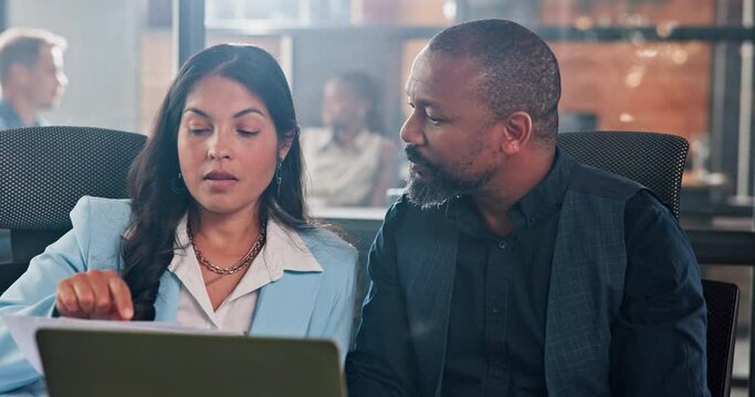 Business people, laptop and documents for teamwork, planning and advice with payroll, company finance and budget. Professional financial advisor, auditor or accountant on computer and office support