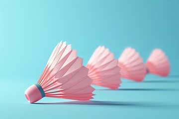 badminton shuttles with a bright pink card on a blue background , in the style of album, folio and fan formats, pastel goth, light white and light blue, minimalist canvases, post-internet aesthetics. - obrazy, fototapety, plakaty