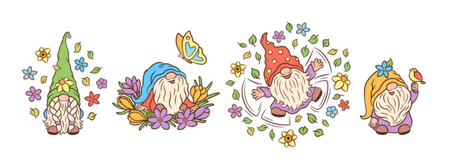 Obraz premium Cute spring gnomes in blooming flowers, with bird, butterfly. Springtime gnome fun characters. Whimsical Scandinavian elf funny vector. Springtime fun fairy core cottage core hand drawn illustration.