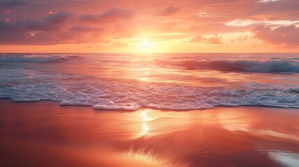 Fototapeta na wymiar A romantic beach sunset, where waves meet the shore, reflecting the harmony of love
