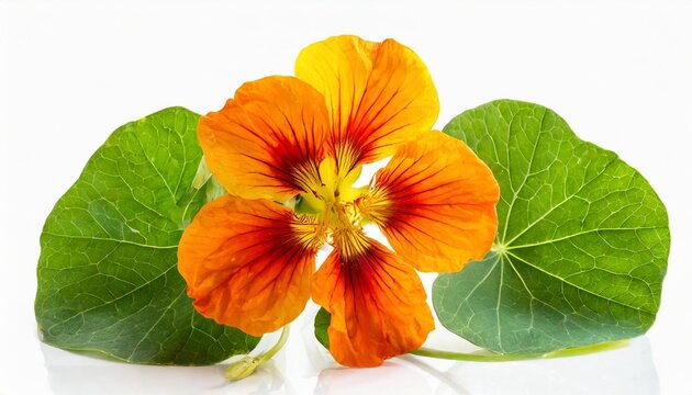 bright beautiful flowers of yellow and orange color of nasturtium on a green stem with leaves close up on a white isolated background