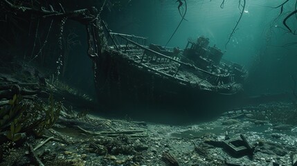 Marine Graveyard: Sunken Shipwreck Resting in a Nautical Cemetery, Embraced by Darkness and Scattered Objects