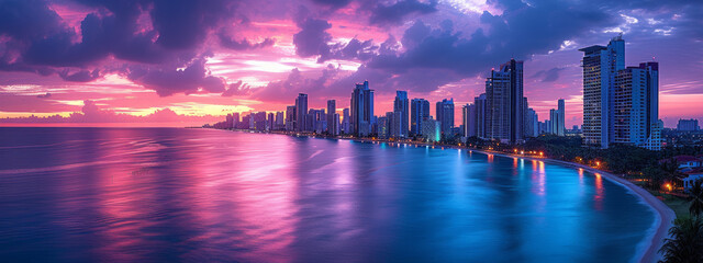 Radiance Unveiled: The Majestic Confluence of Ocean, Sunset, and Cityscape - obrazy, fototapety, plakaty
