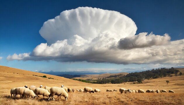 sheep grazing in dry season under a big cloud