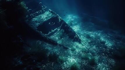 Oceanic Radiance: Sunken Ship's Remains Glowing Amidst Bioluminescent Sea Plants, Creating an Underwater Spectacle