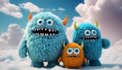 Cute fluffy monsters 4k wallpaper, kids wallpaper concept, clouds and sky background, hd created with generative ai