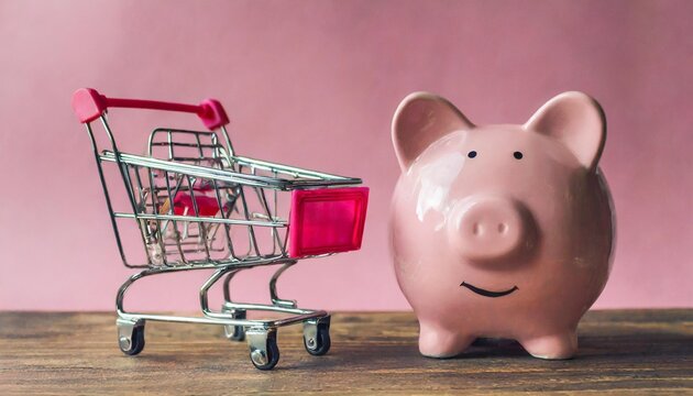 pink piggy bank with a shopping cart stands on a pink background online business shopping concept banner