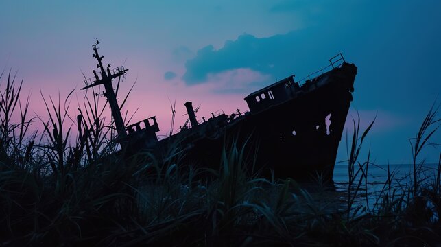 Dusk's Shadow: Silhouette of a Sunken Ship in Twilight Hours with Subdued Colors in the Background