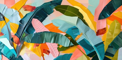 Energetic and Expressive Collage of Banana Leaves, Featuring Creative Arrangements, Layered Compositions, and Bright Colors