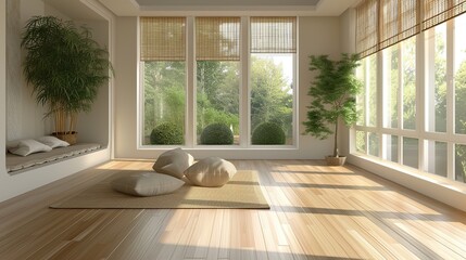 Serene Sanctuary: Peaceful Empty Room with Bamboo Flooring, Soft Neutral Walls, and a Calming Ceiling Atmosphere