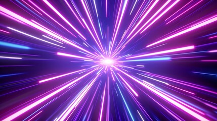Glowing Neon with vanishing point hyperspace tunnel, showcasing vibrant lights and laser beams. purple neon abstract background. copy space. mockup.