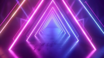 Fototapeta premium Triangle tunnel colorful neon glowing lights. Laser lines and LED technology create glow in dark room. copy space, wallpaper, mockup.
