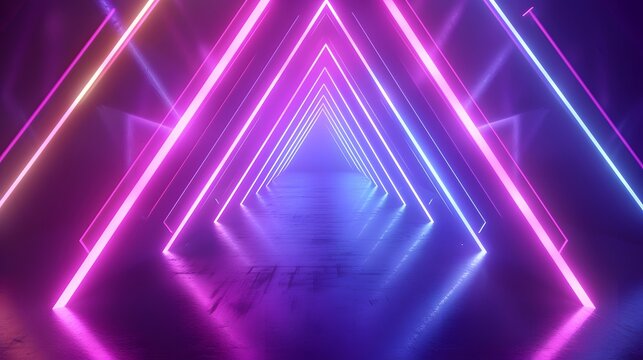 Triangle tunnel colorful neon glowing lights. Laser lines and LED technology create glow in dark room. copy space, wallpaper, mockup.