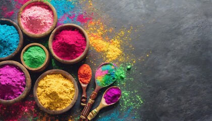 Obraz na płótnie Canvas happy holi festival decoration top view of colorful holi powder on dark background with copy space for text