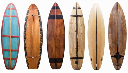 collection vintage wooden surfboard isolated on white with clipping path for object retro styles