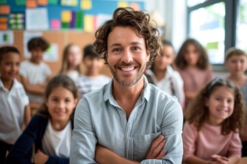 Obraz premium Portrait of smiling teacher in a class at elementary school looking at camera with learning students on background, Generative AI