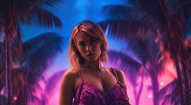 Amidst the glow of neon lights, a cyberpunk-inspired girl poses boldly in a bikini top, channeling the spirit of modernity and urban chic.