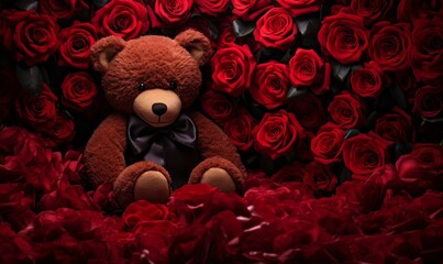 Teddy bear and red roses background. Valentines day concept. - obrazy, fototapety, plakaty