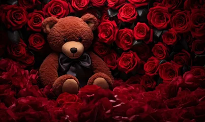Foto op Canvas Teddy bear and red roses background. Valentines day concept. © Digital Waves