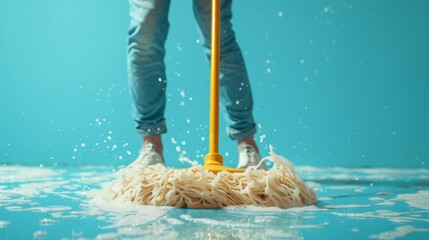 A person pretending to surf on a mop, infusing humor into household tasks - obrazy, fototapety, plakaty
