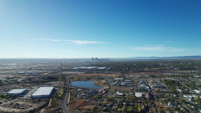 Far away distant drone shot flying towards downtown Denver, Colorado