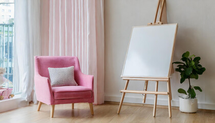 Drawing board and chair in pink child room interior for mockup,