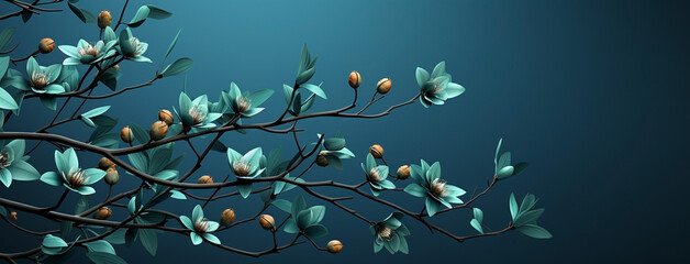Beautiful wide panoramic plant branch with small flowers and leaves, wallpaper banner in blue color background  