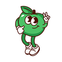 Groovy cartoon green apple character with peace and love gesture. Funny retro fruit walking to hippy fun music party, sweet apple mascot, cartoon food sticker of 70s 80s style vector illustration