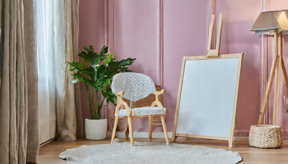 Drawing board and chair in pink child room interior for mockup,