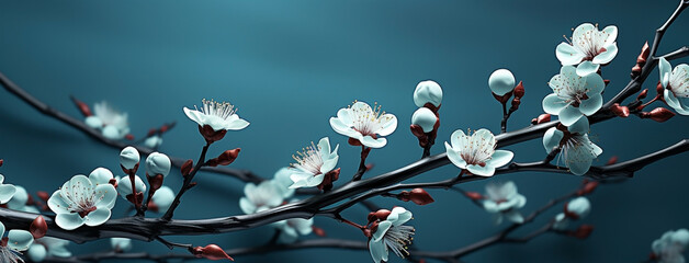 Beautiful wide panoramic plant branch with small flowers and leaves, wallpaper banner in blue color background  