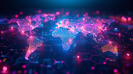 A neon-lit world map, representing global connectivity and the digital age