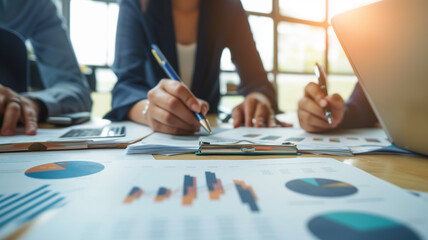 Fototapeta premium Business People Meeting to analyse and discuss and brainstorming the financial report chart data in office.