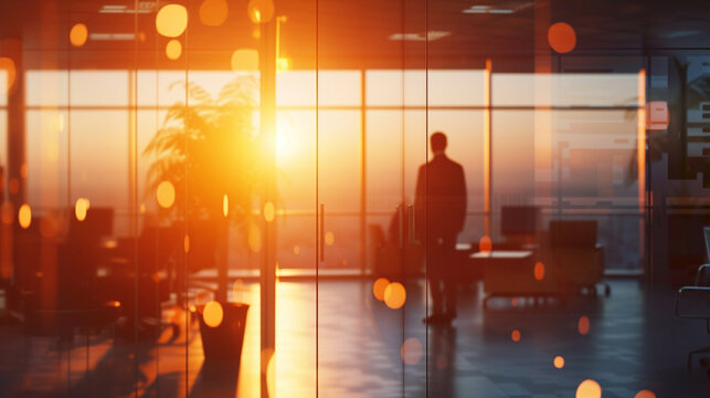 blurred office background, glass window, people working, jo and