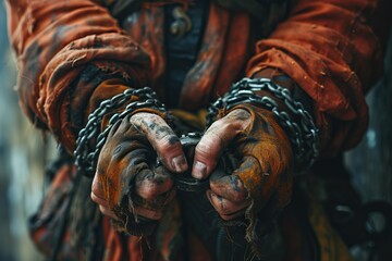 a woman with an expressive look with her hands shackled with a heavy chain. Concept illustration of themes about personal freedom, psychological limitations, survival and struggle, - obrazy, fototapety, plakaty